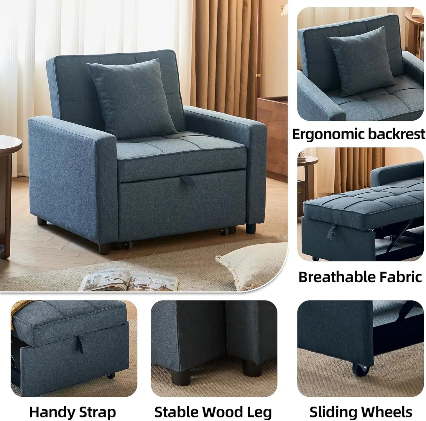 3-in-1 Sleeper Sofa Bed with Reclining Backrest, Convertible Futon Couch,  for Small Spaces (Blue)