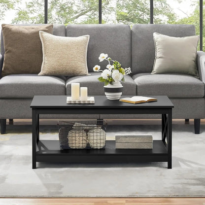 Wood 2-Tier Black Coffee Table with Storage Shelf for Living Room,