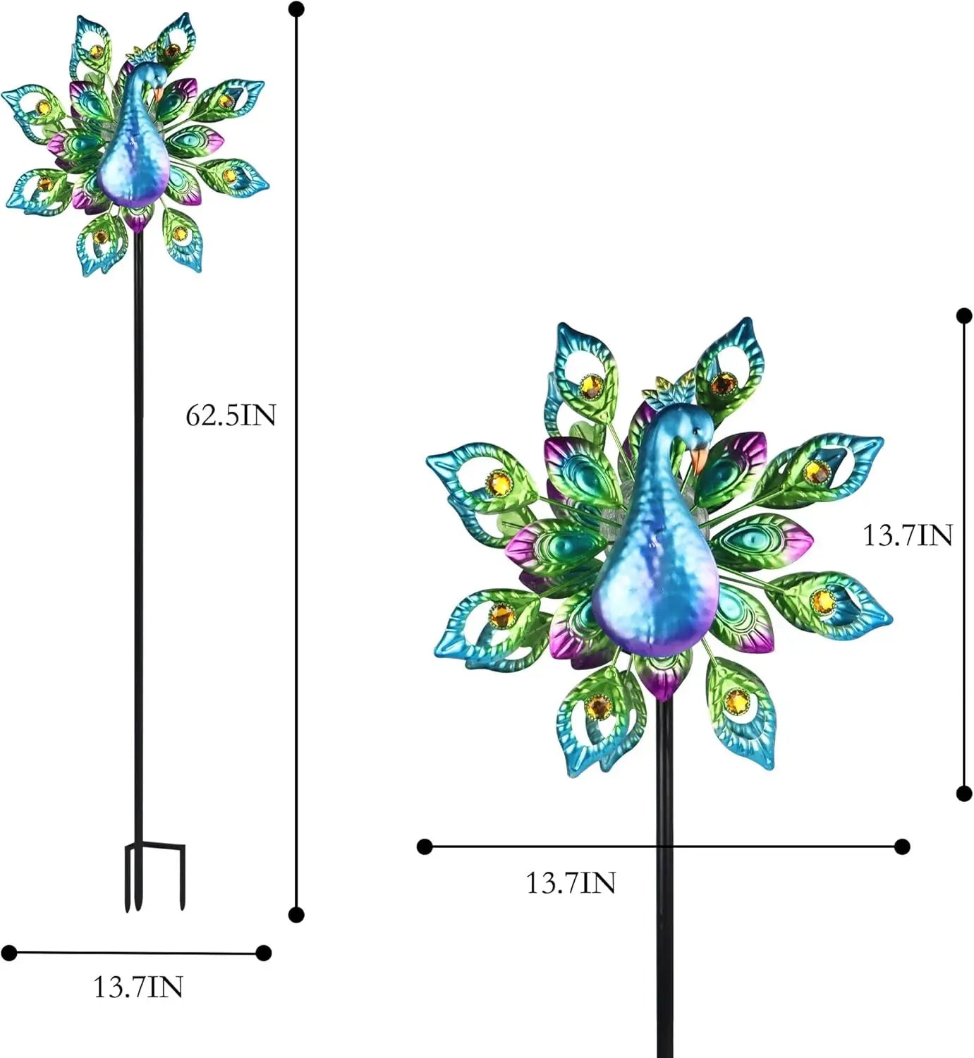 Peacock Solar Wind Spinner 62Inch Double Wind Sculpture with Color Changing LED Light  Yard Spinners