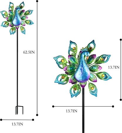Peacock Solar Wind Spinner 62Inch Double Wind Sculpture with Color Changing LED Light  Yard Spinners