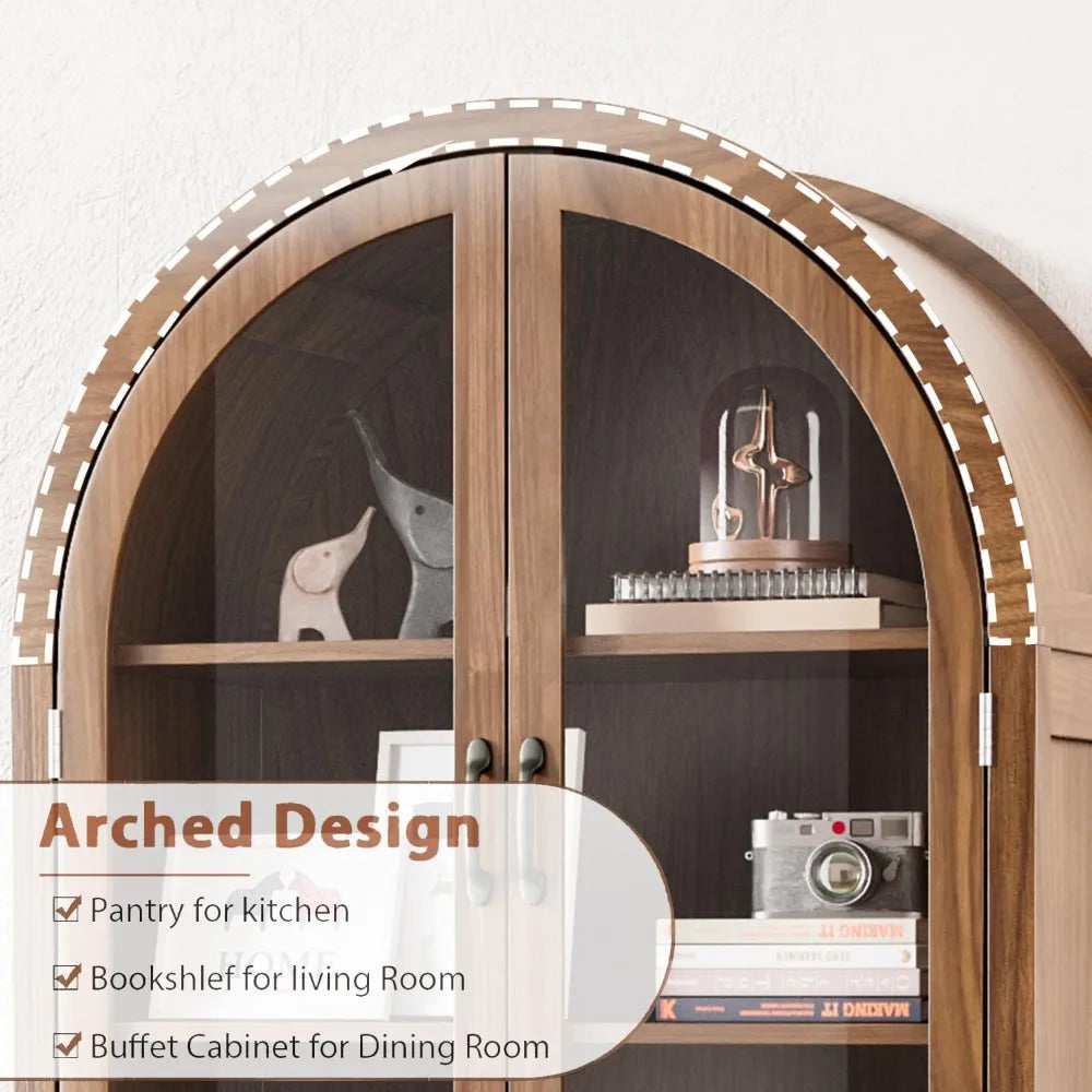 70.9'' Arched Kitchen Pantry Cabinet with Acrylic Glass Doors, 5-Tier Shelves, Walnut Finish