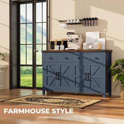 Buffet Cabinet with Storage Farmhouse with 4 Doors and 2 Drawers, 55'' Large Kitchen Storage  Blue Wood
