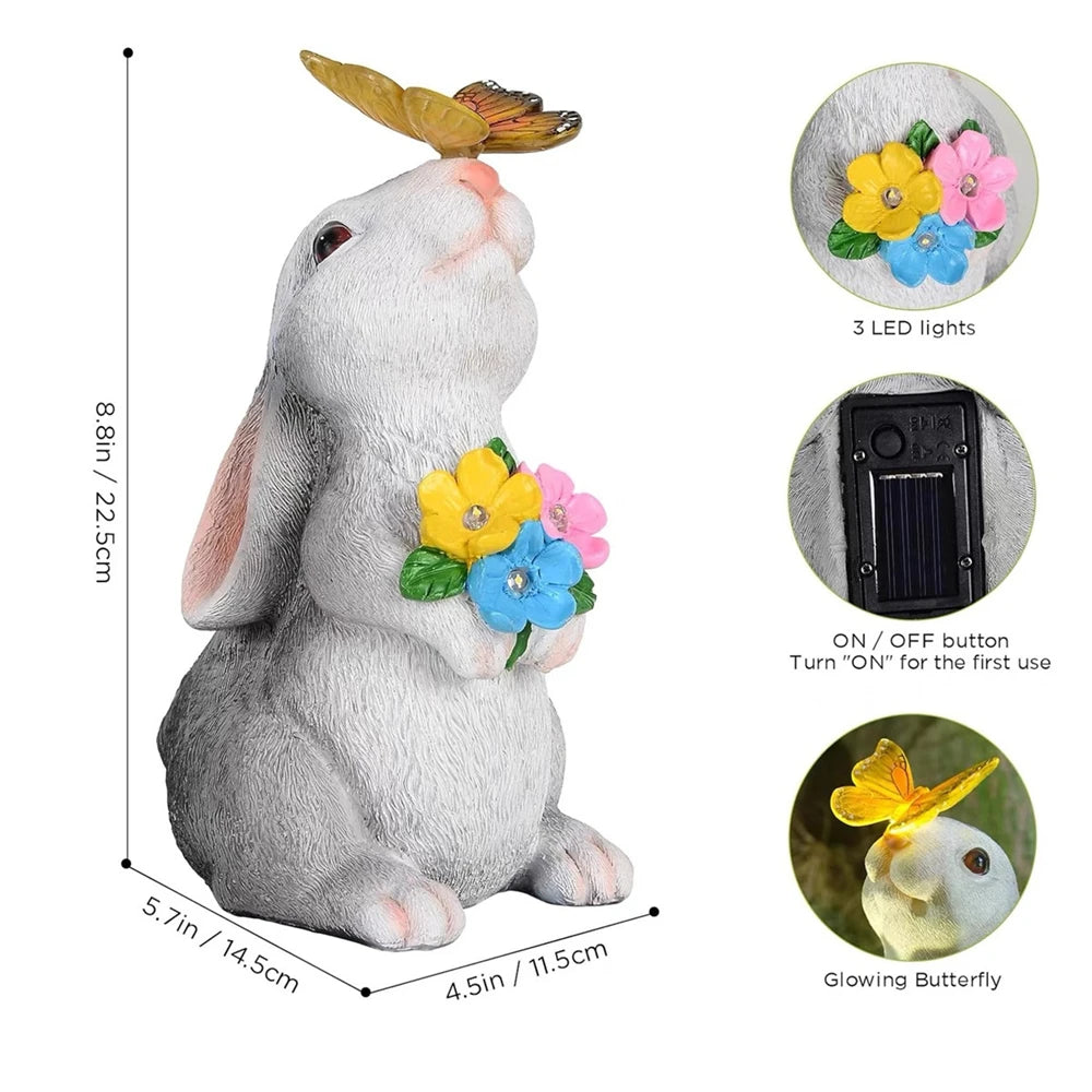 Solar Bunny Statue Garden Decor with Butterfly LED Light Resin Animal Figurine for Garden Courtyard