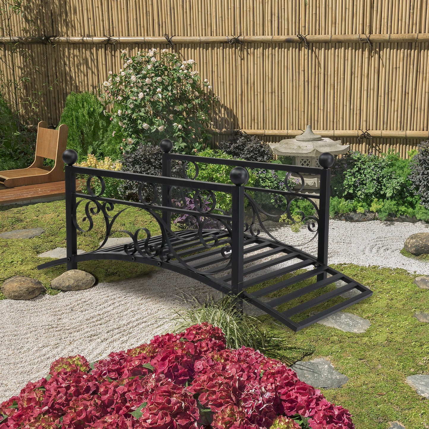Garden iron bridge, with round iron ball flat-top handrails, black