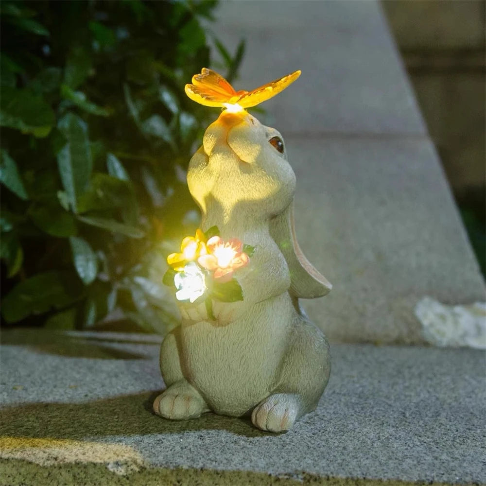 Solar Bunny Statue Garden Decor with Butterfly LED Light Resin Animal Figurine for Garden Courtyard