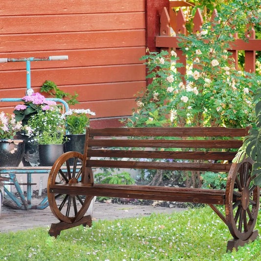 Outdoor Rustic Wooden Bench with Wagon Wheel Arms, Garden Bench