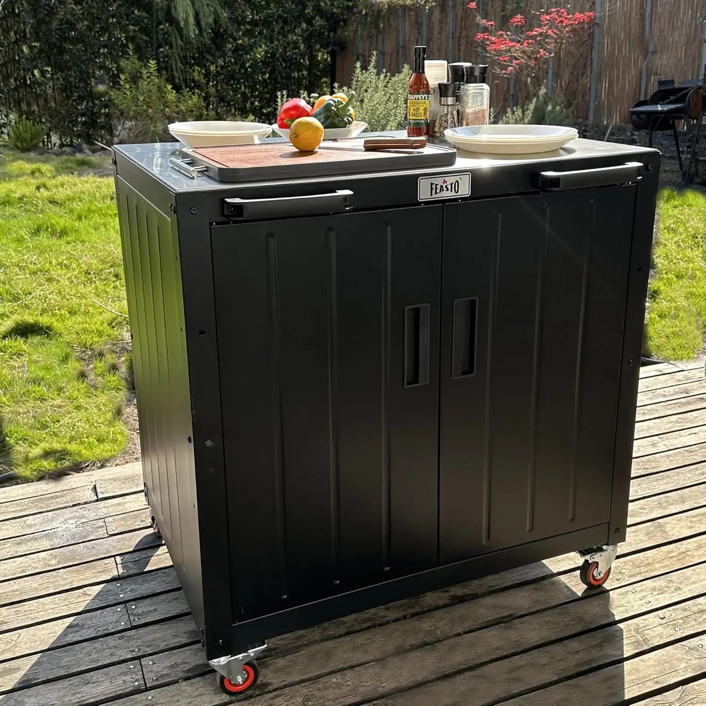Outdoor Grill Cart with Storage Cabinet and Stainless Steel Top,  Grill Station with Door,