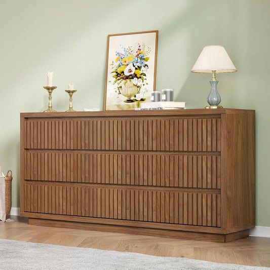 Fluted Long 9 Drawer Dresser, for Bedroom, 58" Wide Vintage Chest of Drawers