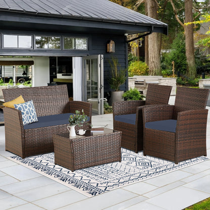 4 Piece Patio Furniture Set, , Rattan Sectional Sofa Couch with Coffee Table & Seat Cushions for