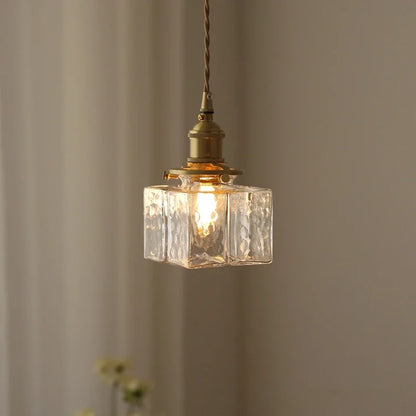 Japanese Retro Glass Pendant Light Yellow Copper Bedroom Chandelier Lightingt