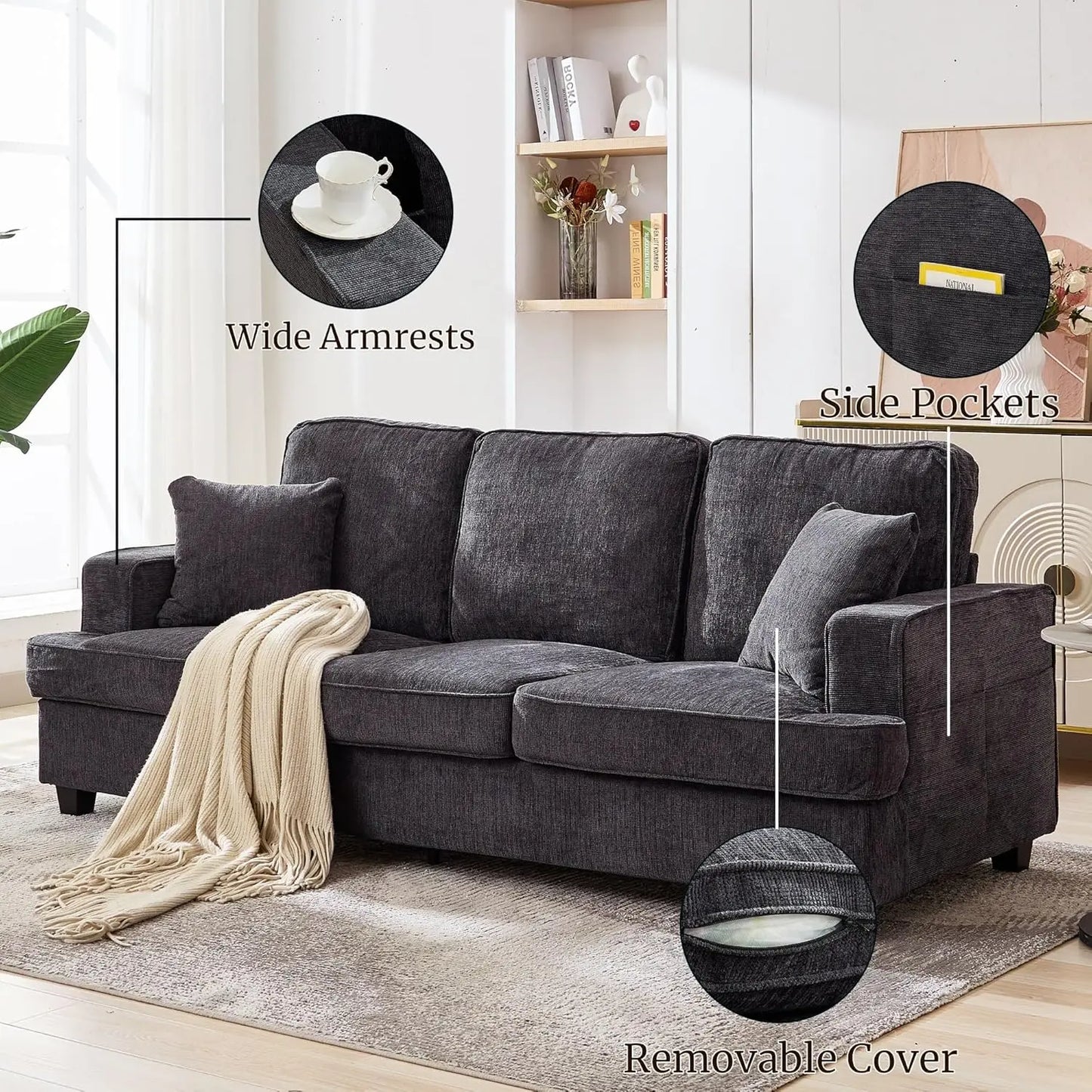 89 inch Cloud Couch Sofa in Chenile with Extra Comfy Soft Deep Seats, Modern 3 Seater