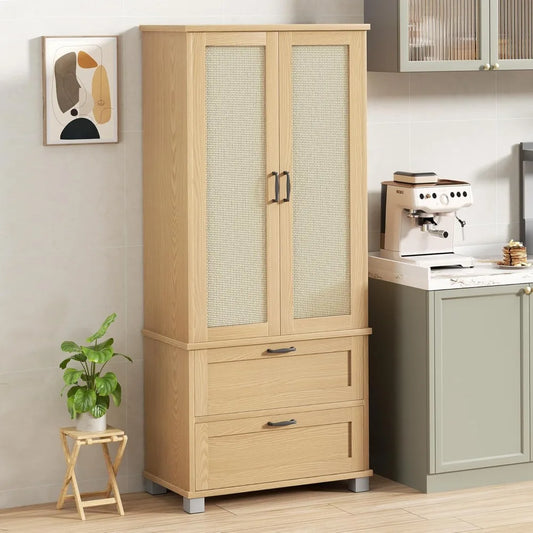 Wood Pantry Cabinet with Rattan Doors, Freestanding Tall Storage Cabinets,