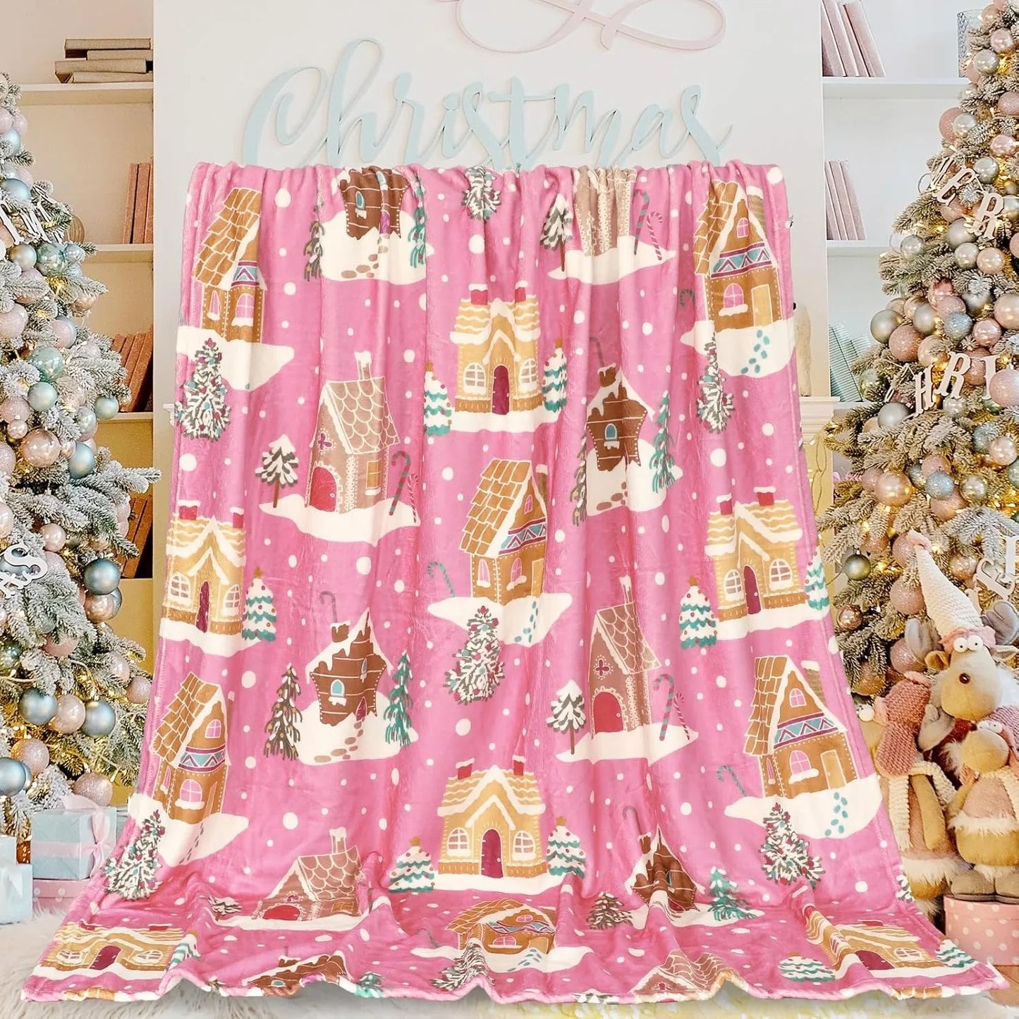 1pc Throw Pink Xmas Gingerbread House Flannel Blanket
