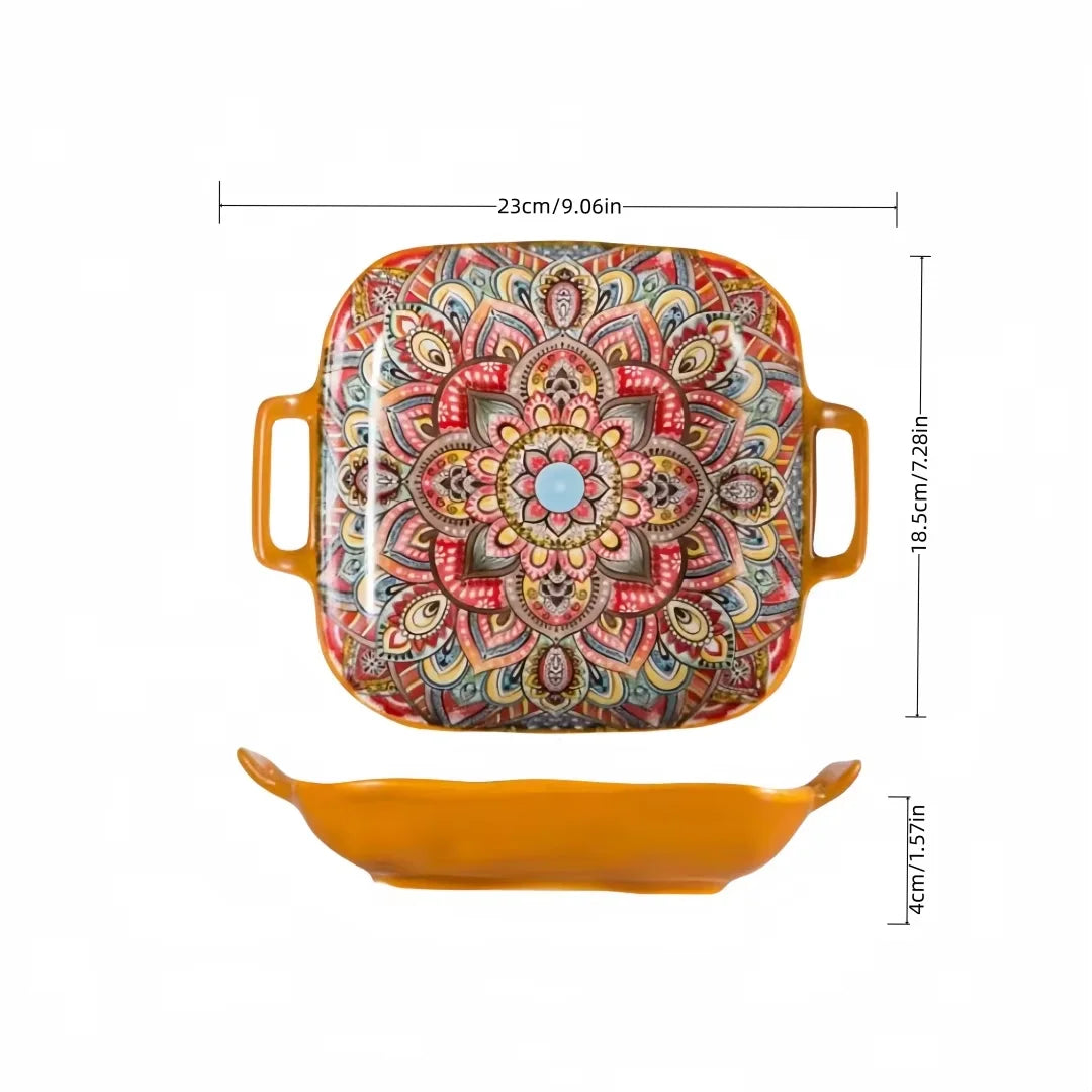 Bohemian double ear square ceramic plate