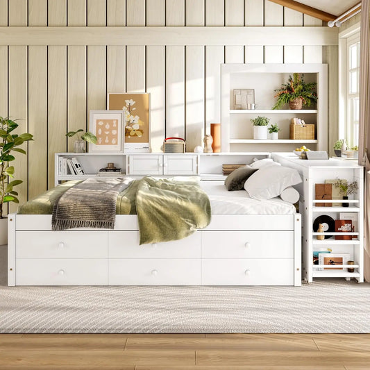 Full Corner Daybed With Trundle & Desk,Wooden L Shape Day Bed Frame with Storage Drawers,Shelves and, Customized