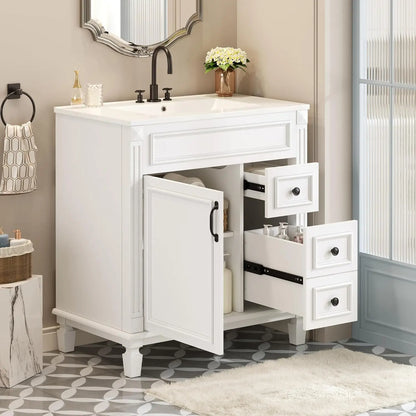 30" Bathroom Vanity with Sink Modern Storage Cabinet Single Door Two Drawers Solid Wood Frame