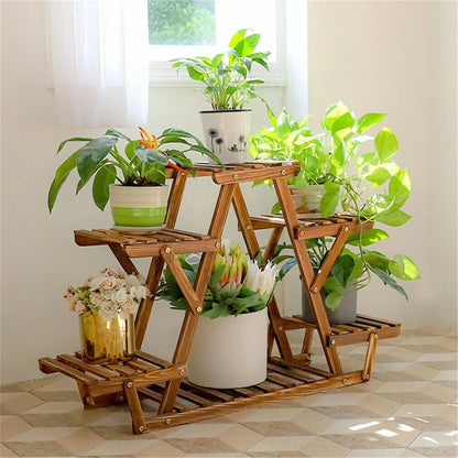 Carbonized Triangle 6 Tiered Corner Wood Plant Stand  Indoor Outdoor