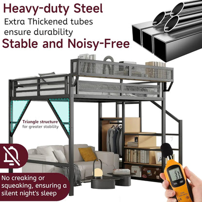 Full Size Loft Bed With Stairs And Storage, Metal Loft Bed Frame WithLarge Under-Bed Space