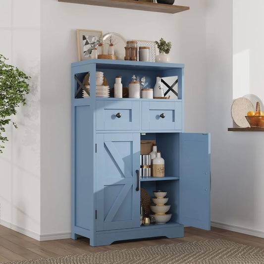 Farmhouse Blue Storage Cabinet with Barn Doors & Drawers, Kitchen Pantry Organizer for Home