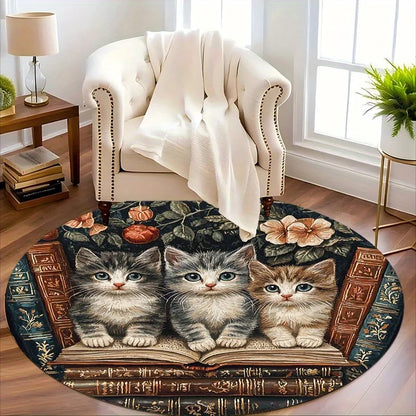 Cat and Book Style Flannel-printed round floor mat
