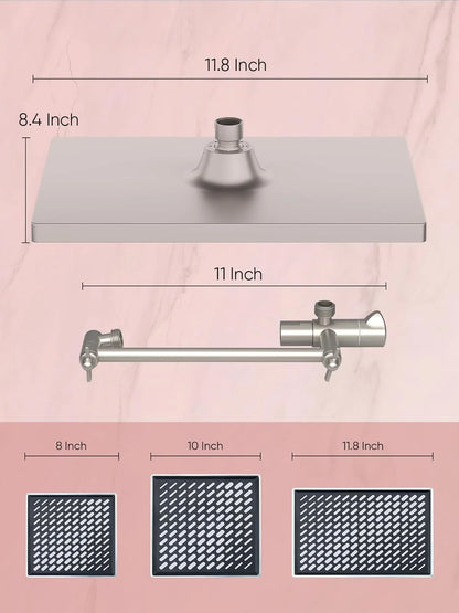 11.8-inch rain shower head, 6-mode handheld spray, high-pressure shower combination, with 11-inch adjustable extension arm,