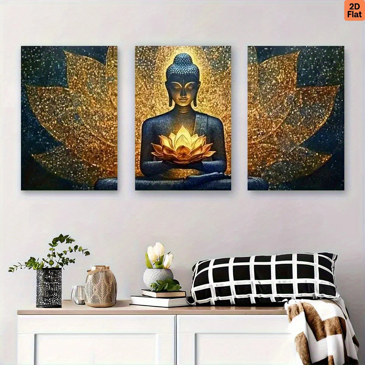 2D Flat 3pcs Framed Canvas Wall Art Lotus Figure