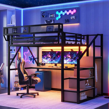 Full Size Loft Bed With Stairs And Storage, Metal Loft Bed Frame WithLarge Under-Bed Space