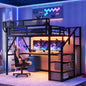 Full Size Loft Bed With Stairs And Storage, Metal Loft Bed Frame WithLarge Under-Bed Space