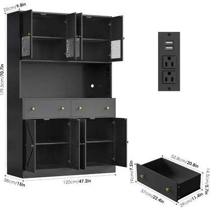 71 Inch Pantry with LED Light and Charging Station, Farmhouse Kitchen Pantry