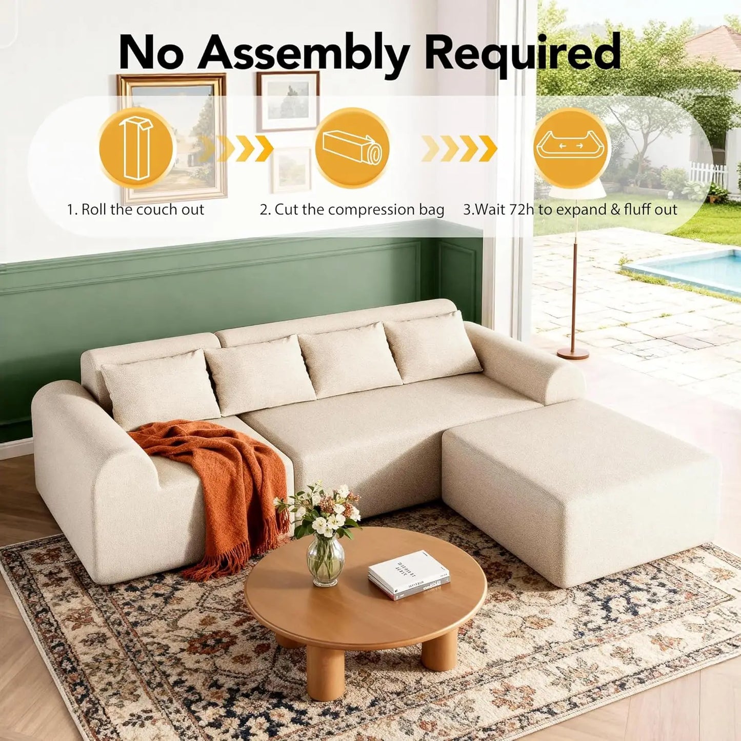 Cloud Boneless Sectional Sofa for Living Room, 4-Seater L-Shaped Comfy Couch with Ottoman, 4 Pillows, Deep, Customized