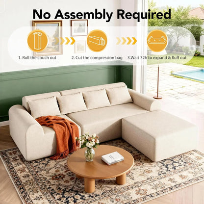 Cloud Boneless Sectional Sofa for Living Room, 4-Seater L-Shaped Comfy Couch with Ottoman, 4 Pillows, Deep, Customized