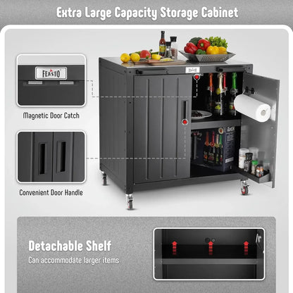 Outdoor Grill Cart with Storage Cabinet and Stainless Steel Top,  Grill Station with Door,