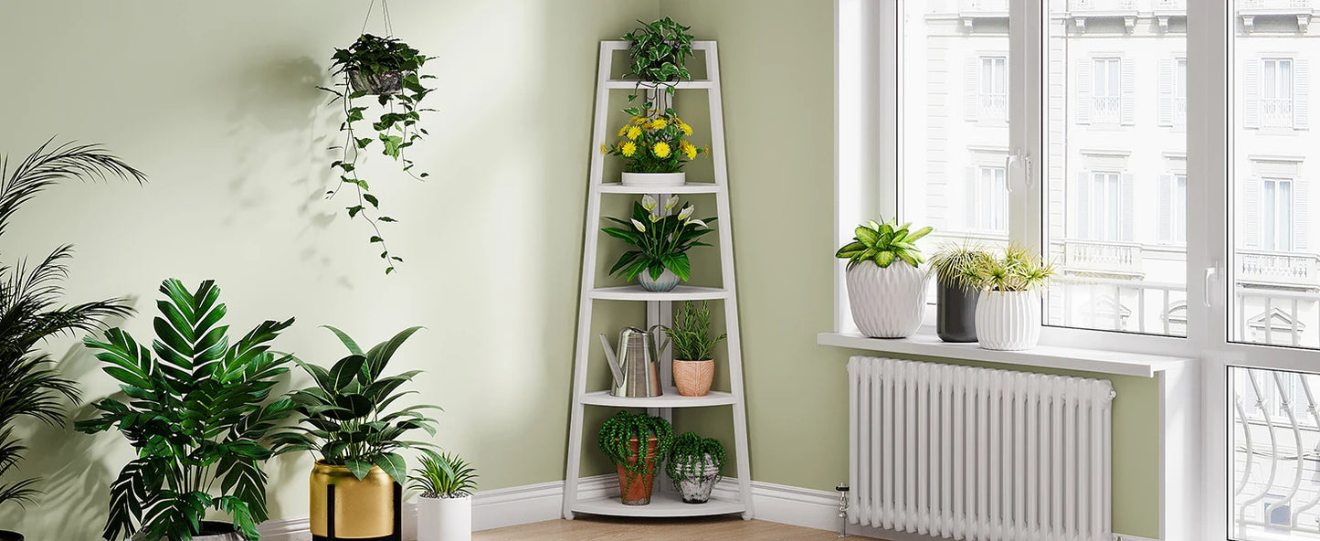5 Tier Corner Bookshelf and Bookcase, 70 inch Tall Corner Shelves Standing Unit Indoor Plant Stand for Living Room (White)
