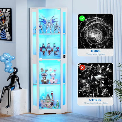 65" Corner Glass Display Cabinet with LED Lights & Motion Sensor, 4-Tier Showcase for Collectibles Figures Liquor