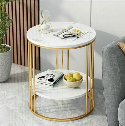 2-Tier White Marble Side Table Round Coffee Table