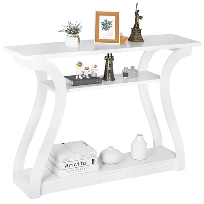 Wood Console Table 3 Tier Narrow Entryway Table with Curved Frame and 2 Open Storage Shelves