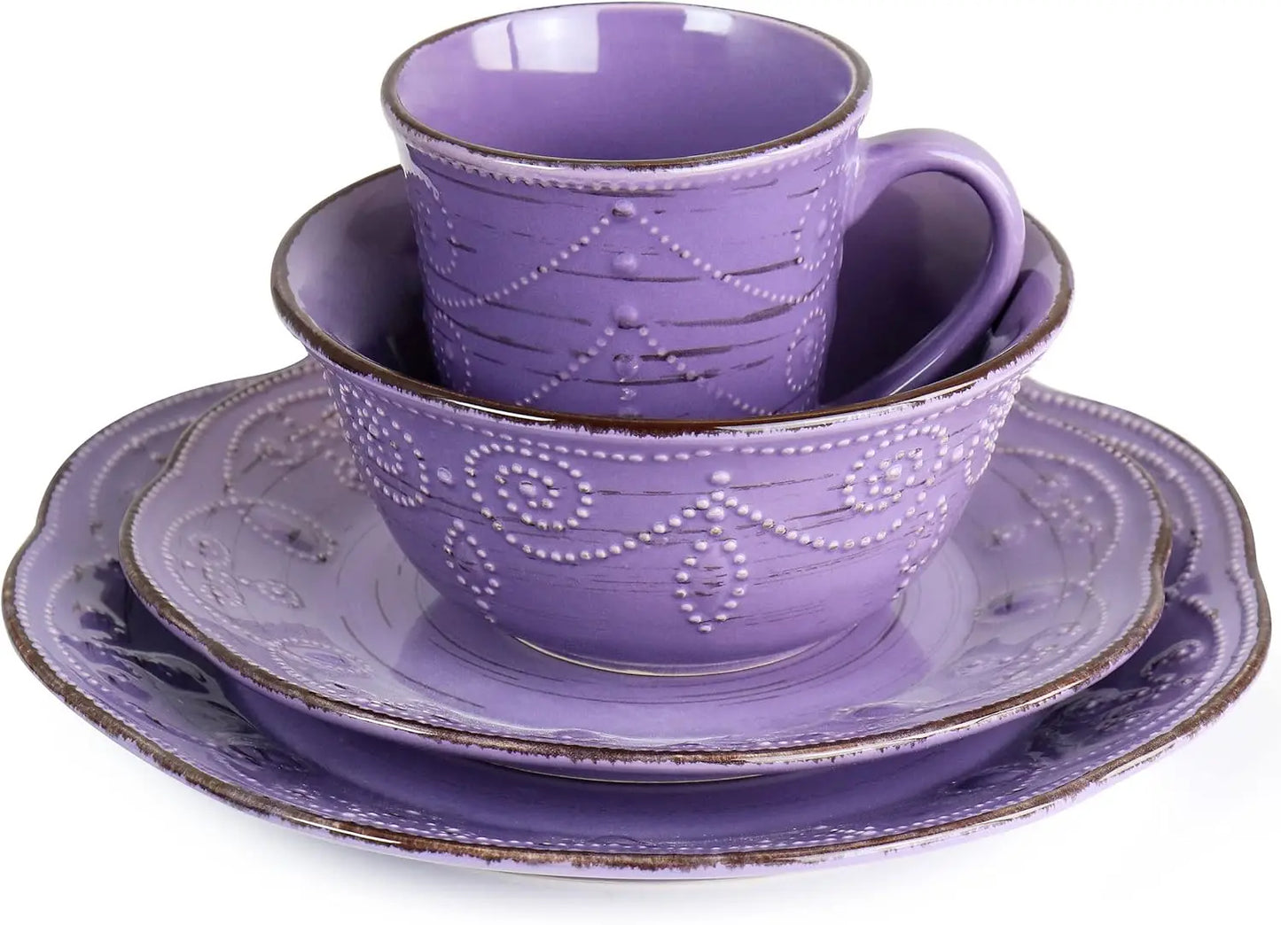 Rustic Birch 16 Piece Stoneware Dinnerware Set in Purple
