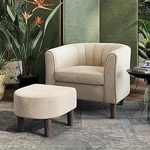 Accent Chair Ottoman Set: Chenille Barrel Chair with Foot Rest,  Upholstered