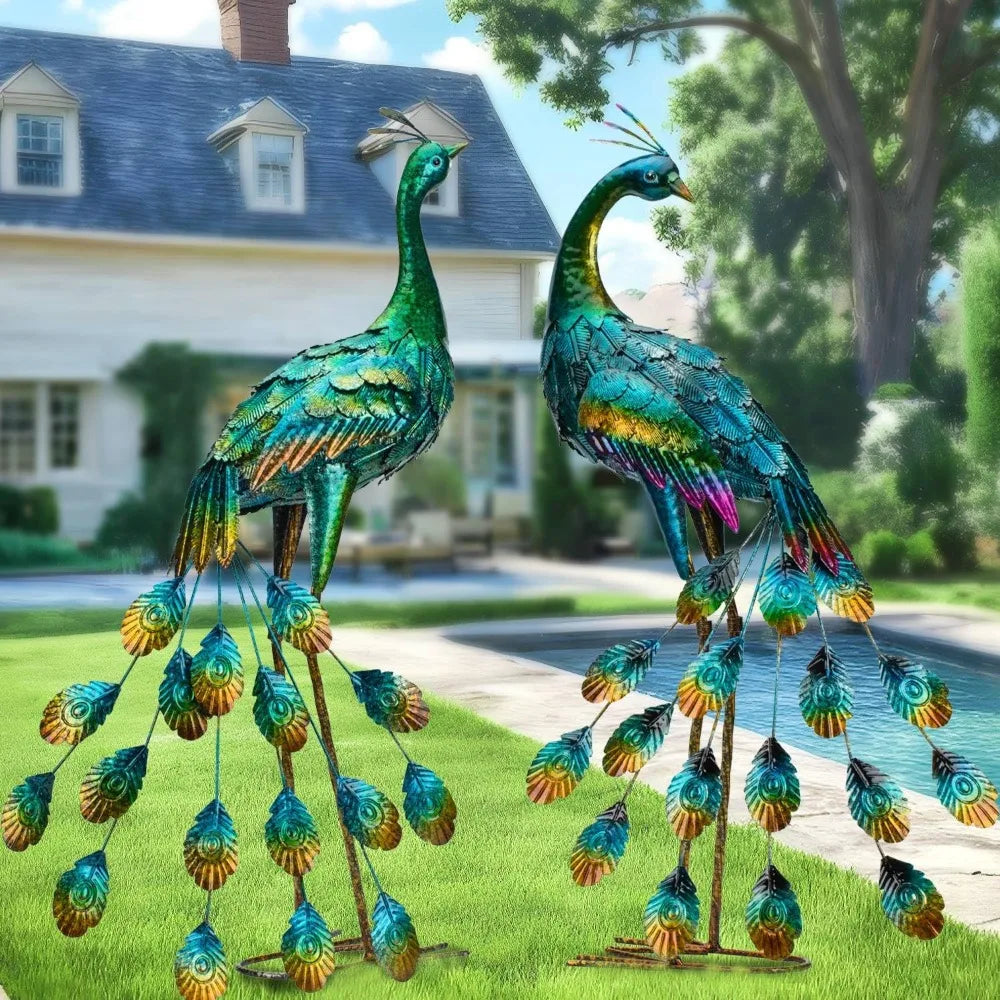Metal Peacock Sculptures - Set of 2 Outdoor Garden Yard Art,  Hand-Painted, 30.7