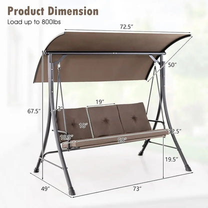 Person Porch Swing, Outdoor Swing with Removable Cushions, Solid Steel Structure, with Adjustable Canopy for Garden,