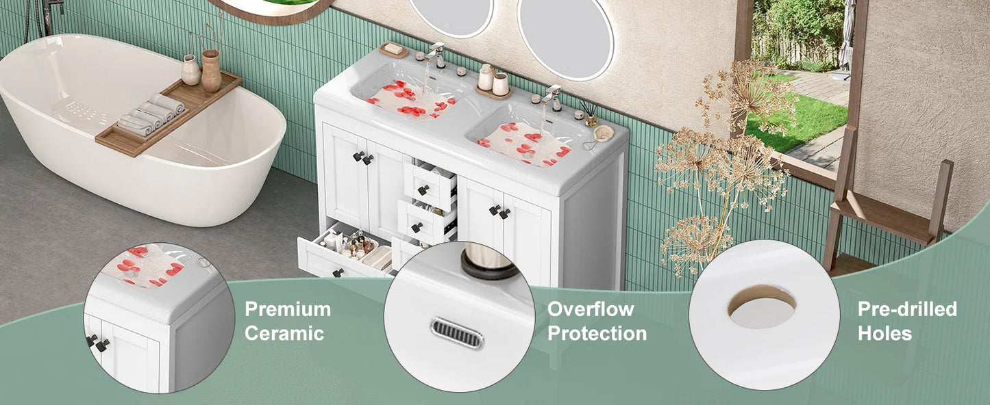 47'' Double-Sink Freestanding Vanity with Drawers & Cabinet White Modern Bathroom Storage Vanity 2 colors White & Black