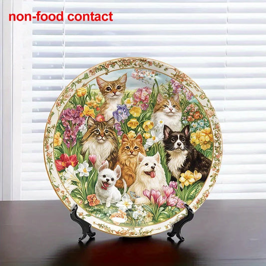 1pc 8-Inch Round Ceramic Hanging Wall Art Plate, Vintage Decorative Cats and Dogs
