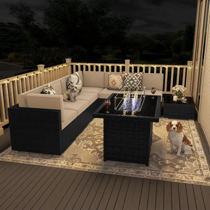 8-Piece Outdoor Wicker Sofa Set with Propane Fire Pit Table