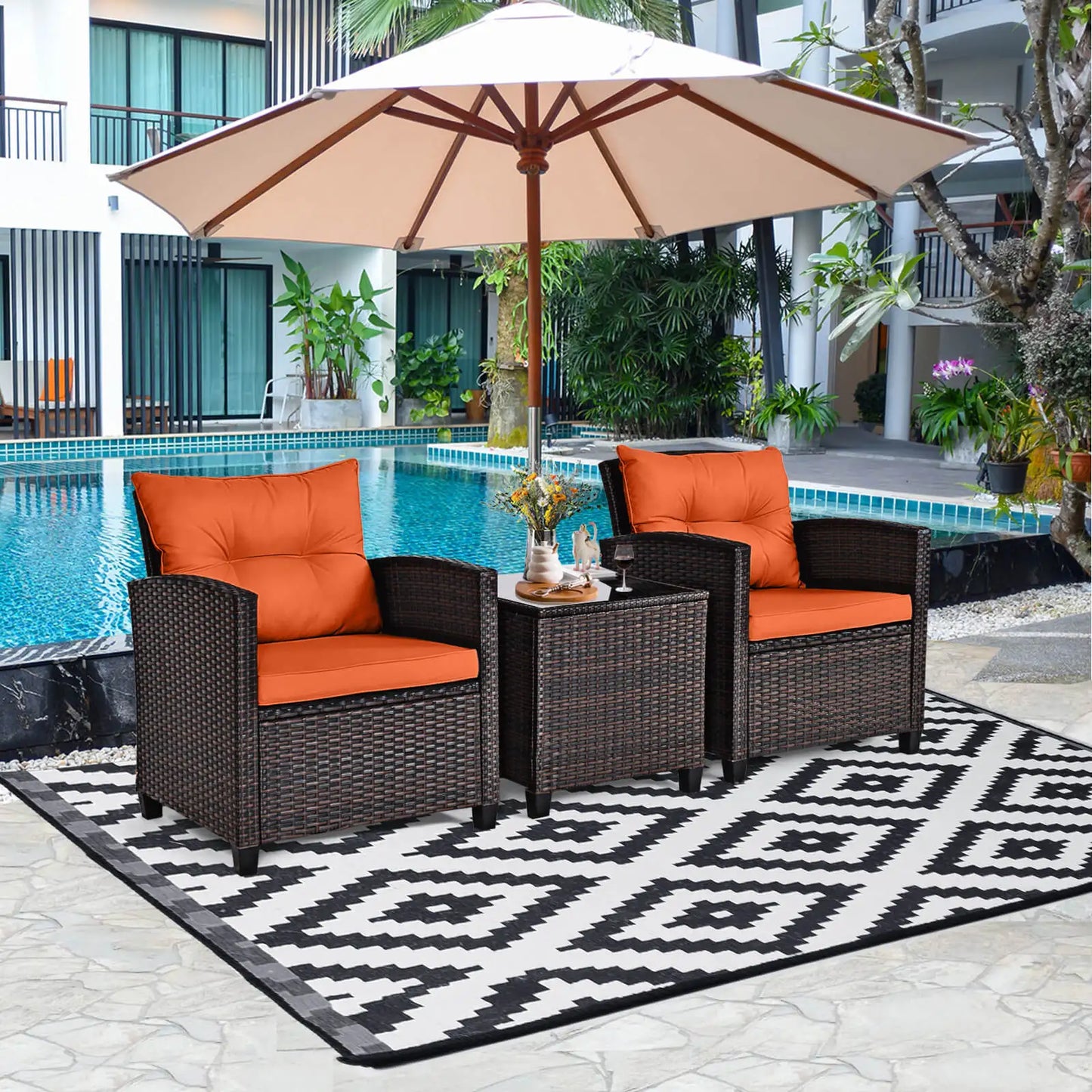 3 PCS Patio Rattan Furniture Set Cushioned  Sofa Orange