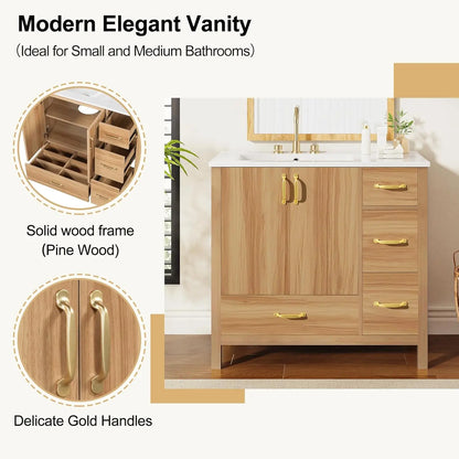 36in Wood Bathroom Vanity with Sink 3 Drawer Storage Adjustable Shelf Natural, Customized,  6 different colors