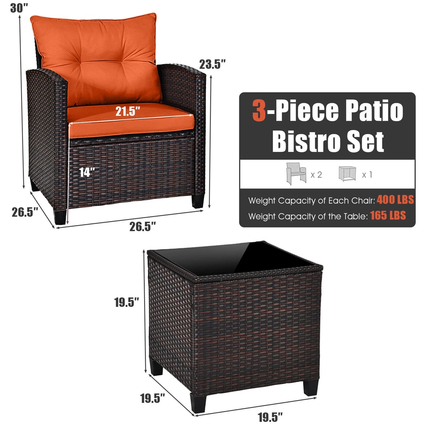 3 PCS Patio Rattan Furniture Set Cushioned  Sofa Orange