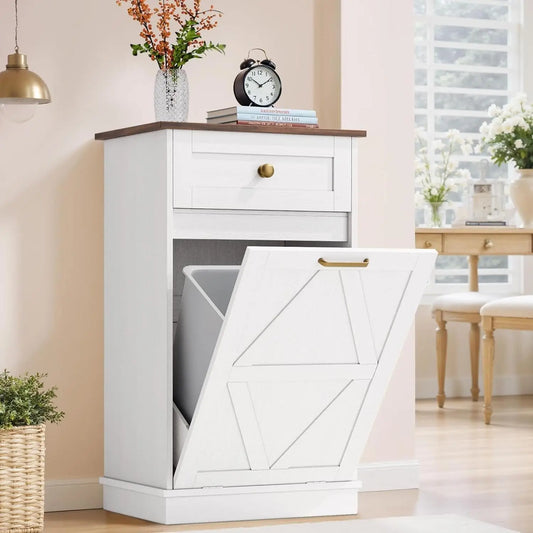 Tilt Out Trash Cabinet 10 Gallon, Woodern Hidden Trash Can Holder, for Kitchen, Laundry Sorter (White)
