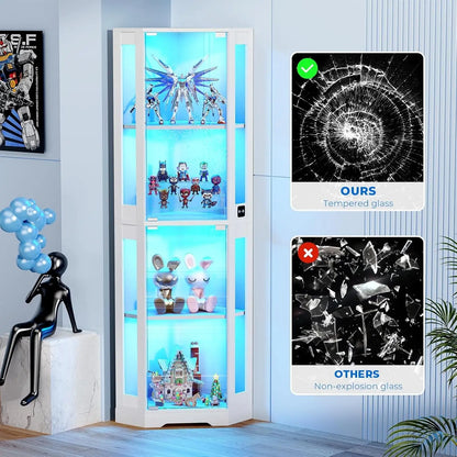 65" Corner Glass Display Cabinet with LED Lights & Motion Sensor, 4-Tier Showcase for Collectibles Figures Liquor