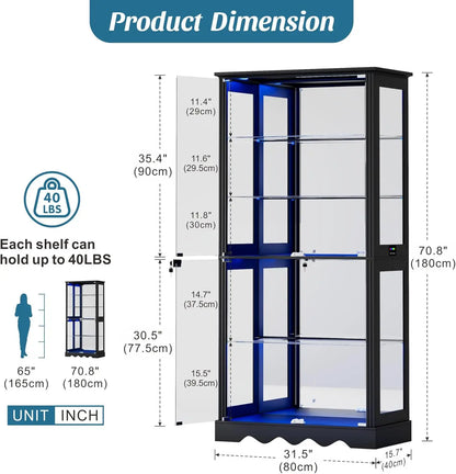 71" Tall Glass Display Cabinet with RGB Lights & Motion Sensor, 5-Tier Curio Case for Collectibles, Figures, Books
