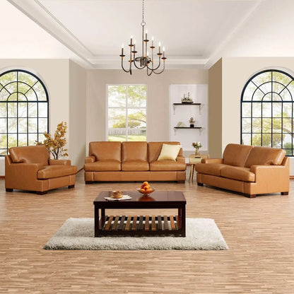 Genuine Leather Sofa - Set of 3 Luxurious Comfort, Goose Feather Cushion Filling, Square Arm Design, Sturdy Block